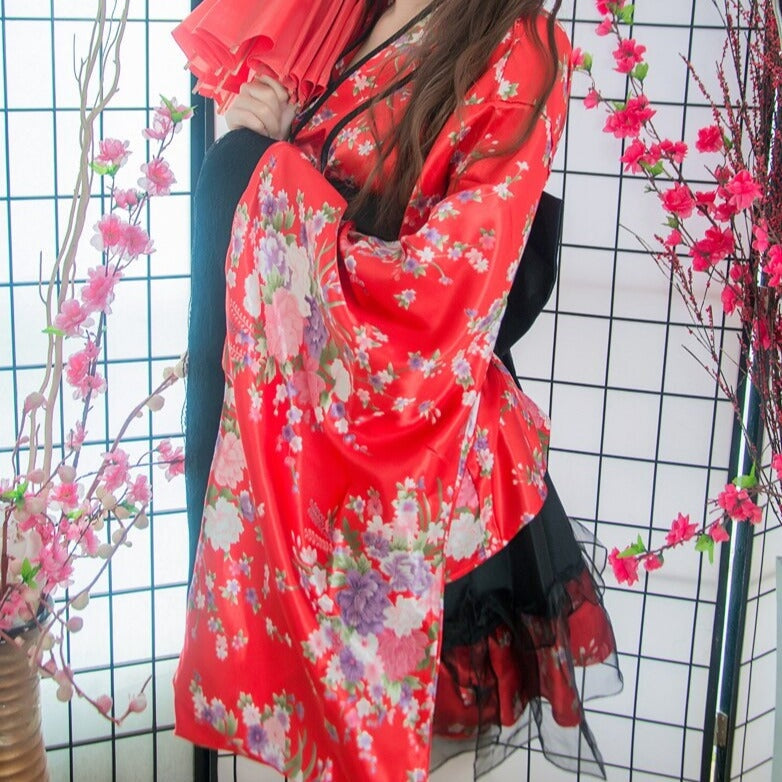 Black Red Japanese Kimono Floral Pattern Short Robe - Kawaiies - Adorable - Cute - Plushies - Plush - Kawaii