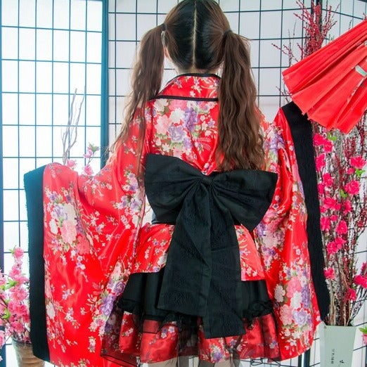 Black Red Japanese Kimono Floral Pattern Short Robe - Kawaiies - Adorable - Cute - Plushies - Plush - Kawaii