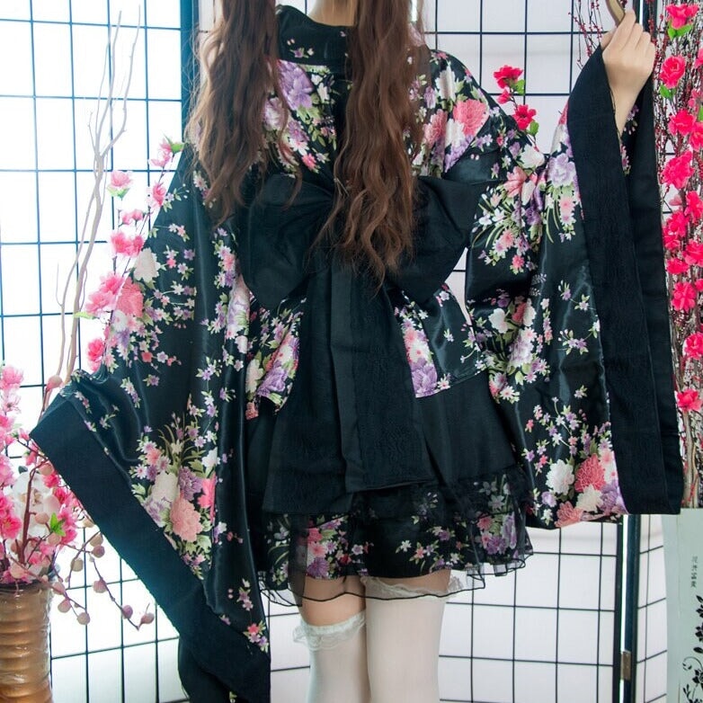 Black Red Japanese Kimono Floral Pattern Short Robe - Kawaiies - Adorable - Cute - Plushies - Plush - Kawaii