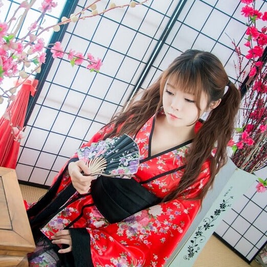 Black Red Japanese Kimono Floral Pattern Short Robe - Kawaiies - Adorable - Cute - Plushies - Plush - Kawaii