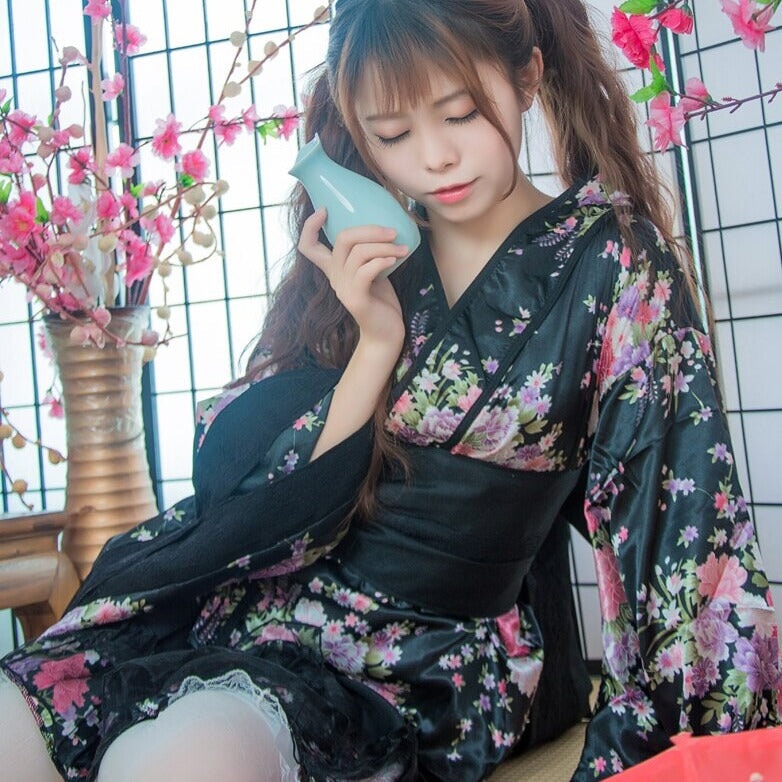 Black Red Japanese Kimono Floral Pattern Short Robe - Kawaiies - Adorable - Cute - Plushies - Plush - Kawaii