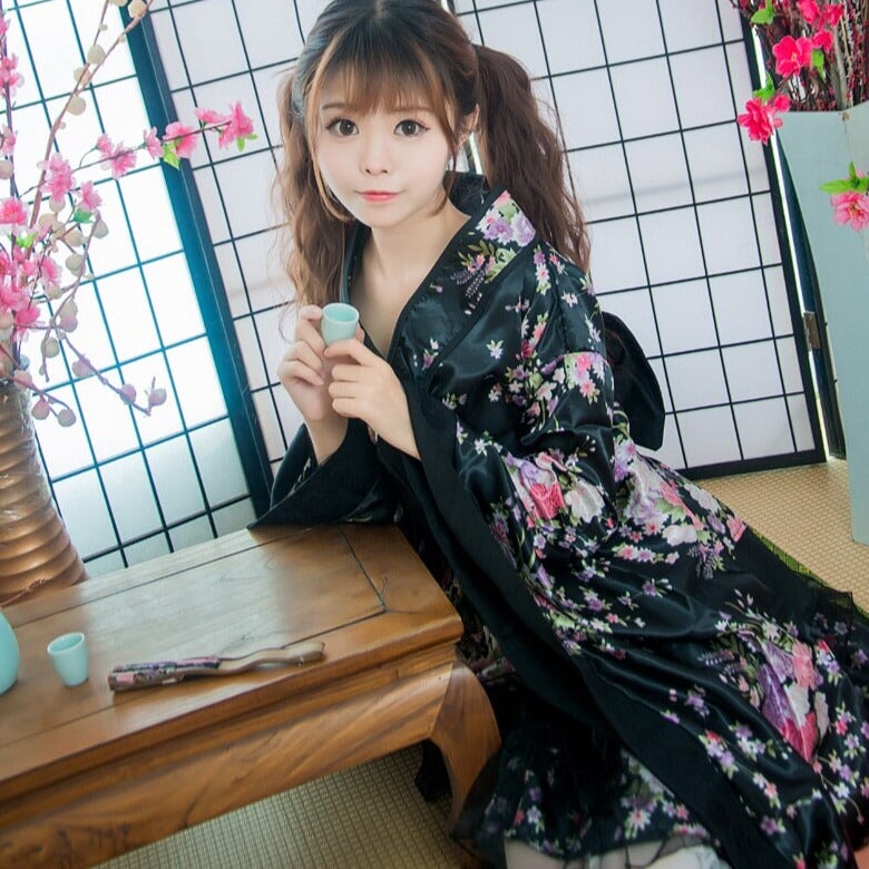 Black Red Japanese Kimono Floral Pattern Short Robe – Kawaiies