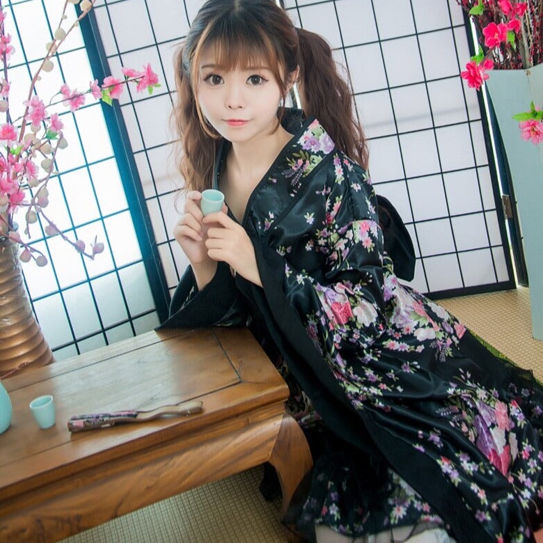 Black Red Japanese Kimono Floral Pattern Short Robe - Kawaiies - Adorable - Cute - Plushies - Plush - Kawaii