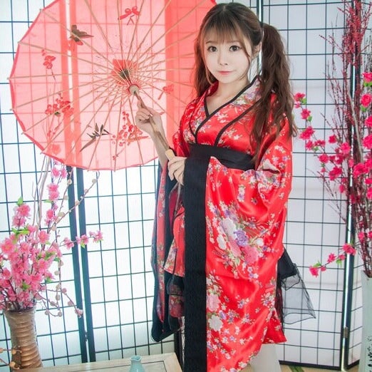 Black Red Japanese Kimono Floral Pattern Short Robe - Kawaiies - Adorable - Cute - Plushies - Plush - Kawaii