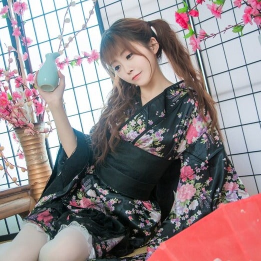 Black Red Japanese Kimono Floral Pattern Short Robe - Kawaiies - Adorable - Cute - Plushies - Plush - Kawaii