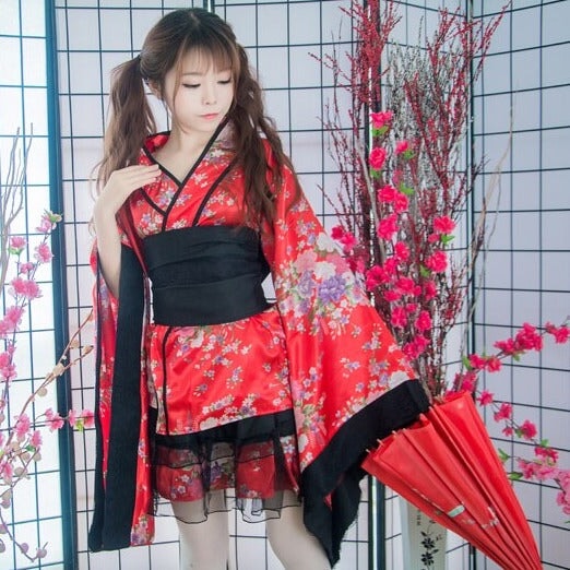 Black Red Japanese Kimono Floral Pattern Short Robe - Kawaiies - Adorable - Cute - Plushies - Plush - Kawaii