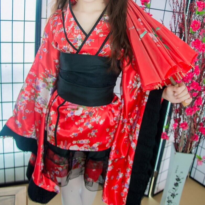 Black Red Japanese Kimono Floral Pattern Short Robe - Kawaiies - Adorable - Cute - Plushies - Plush - Kawaii