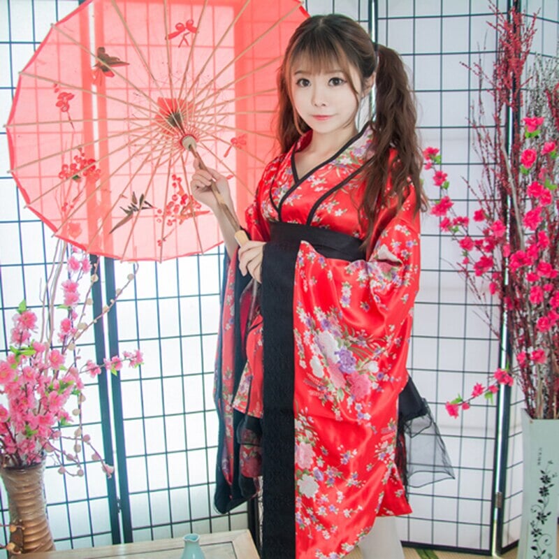 Black Red Japanese Kimono Floral Pattern Short Robe - Kawaiies - Adorable - Cute - Plushies - Plush - Kawaii