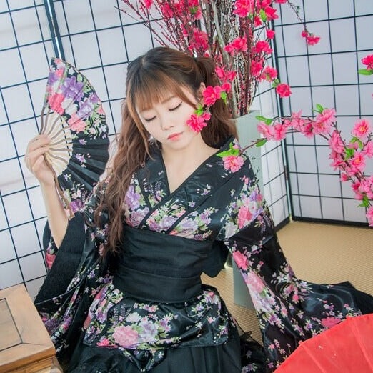 Black Red Japanese Kimono Floral Pattern Short Robe - Kawaiies - Adorable - Cute - Plushies - Plush - Kawaii