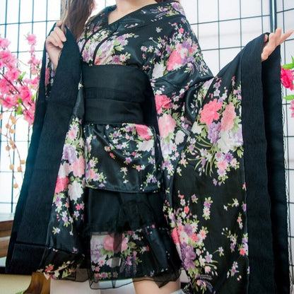 Black Red Japanese Kimono Floral Pattern Short Robe - Kawaiies - Adorable - Cute - Plushies - Plush - Kawaii