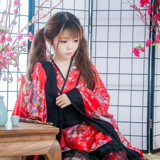 Black Red Japanese Kimono Floral Pattern Short Robe - Kawaiies - Adorable - Cute - Plushies - Plush - Kawaii