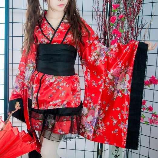 Black Red Japanese Kimono Floral Pattern Short Robe - Kawaiies - Adorable - Cute - Plushies - Plush - Kawaii