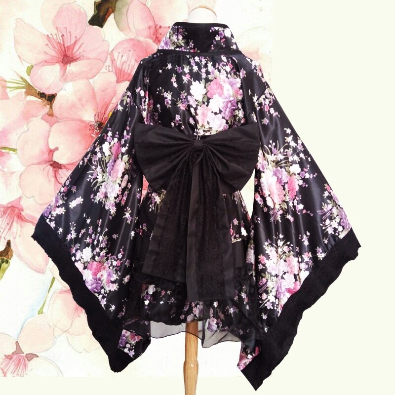 Black Red Japanese Kimono Floral Pattern Short Robe - Kawaiies - Adorable - Cute - Plushies - Plush - Kawaii