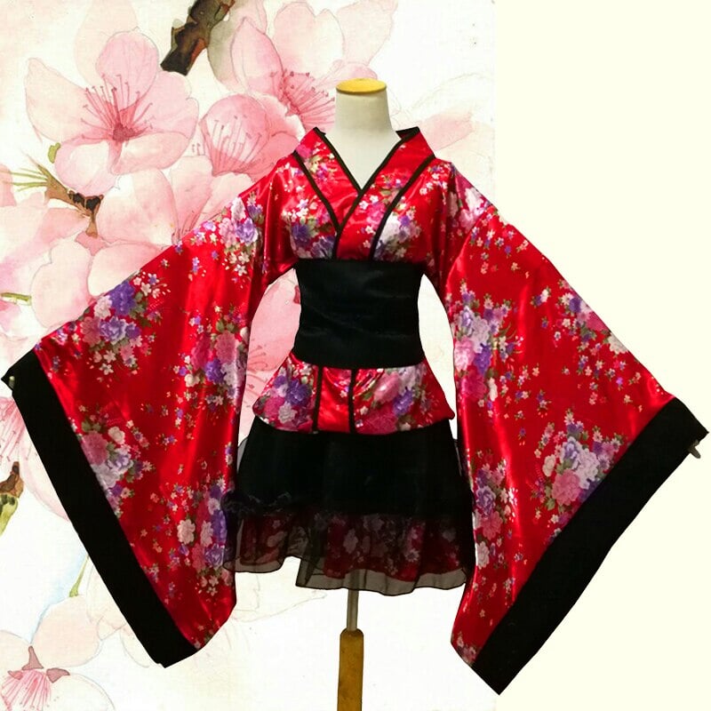 Black Red Japanese Kimono Floral Pattern Short Robe – Kawaiies