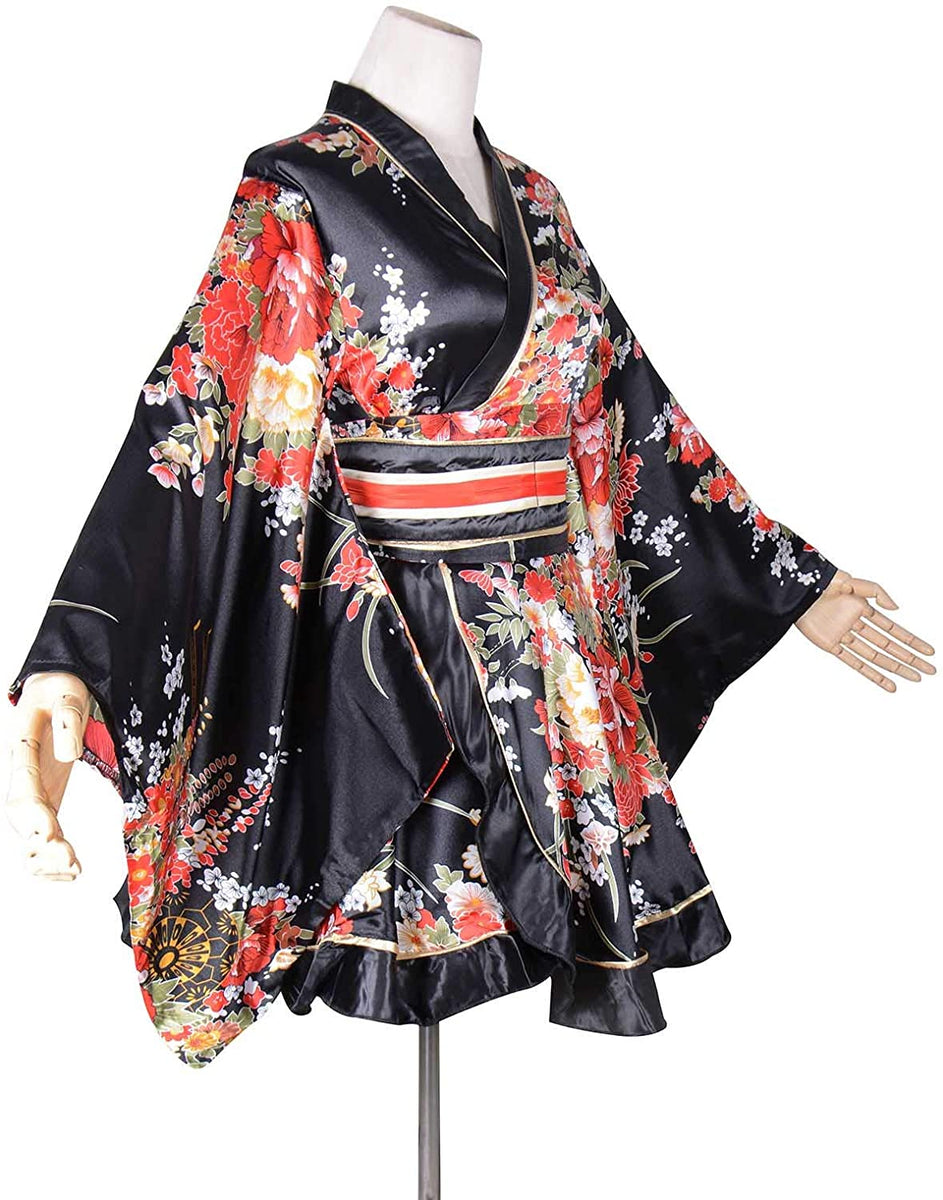 Black White Floral Kimono with OBI Belt – Kawaiies