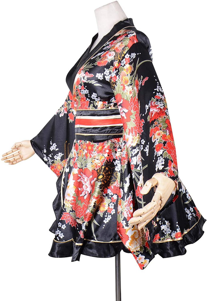 Black White Floral Kimono with OBI Belt - Kawaiies - Adorable - Cute - Plushies - Plush - Kawaii