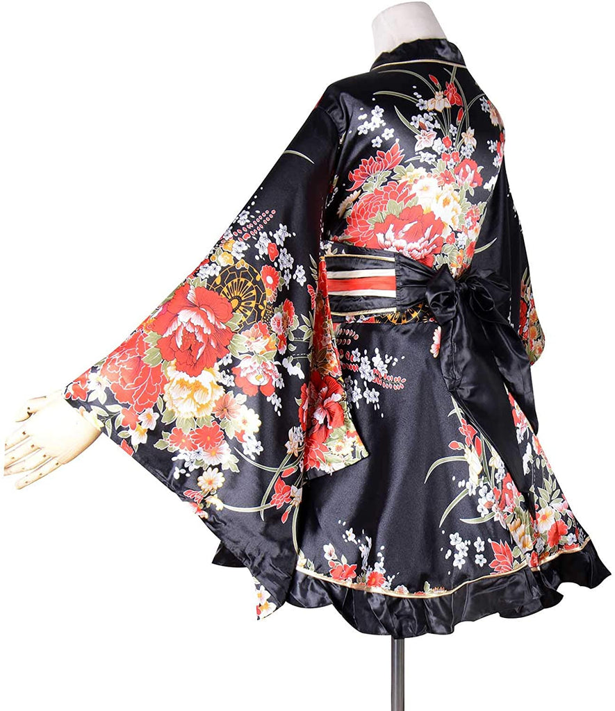 Black White Floral Kimono with OBI Belt - Kawaiies - Adorable - Cute - Plushies - Plush - Kawaii
