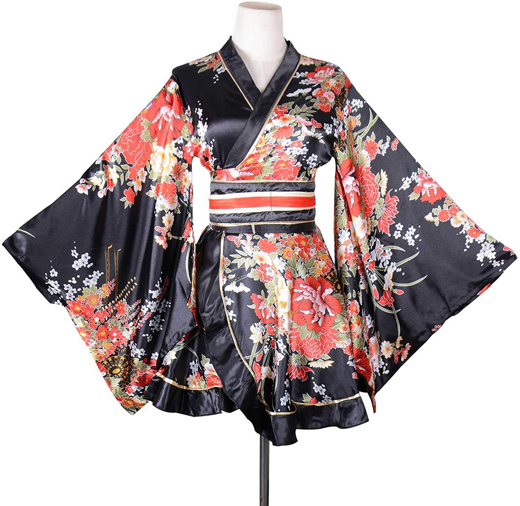 Black White Floral Kimono with OBI Belt - Kawaiies - Adorable - Cute - Plushies - Plush - Kawaii