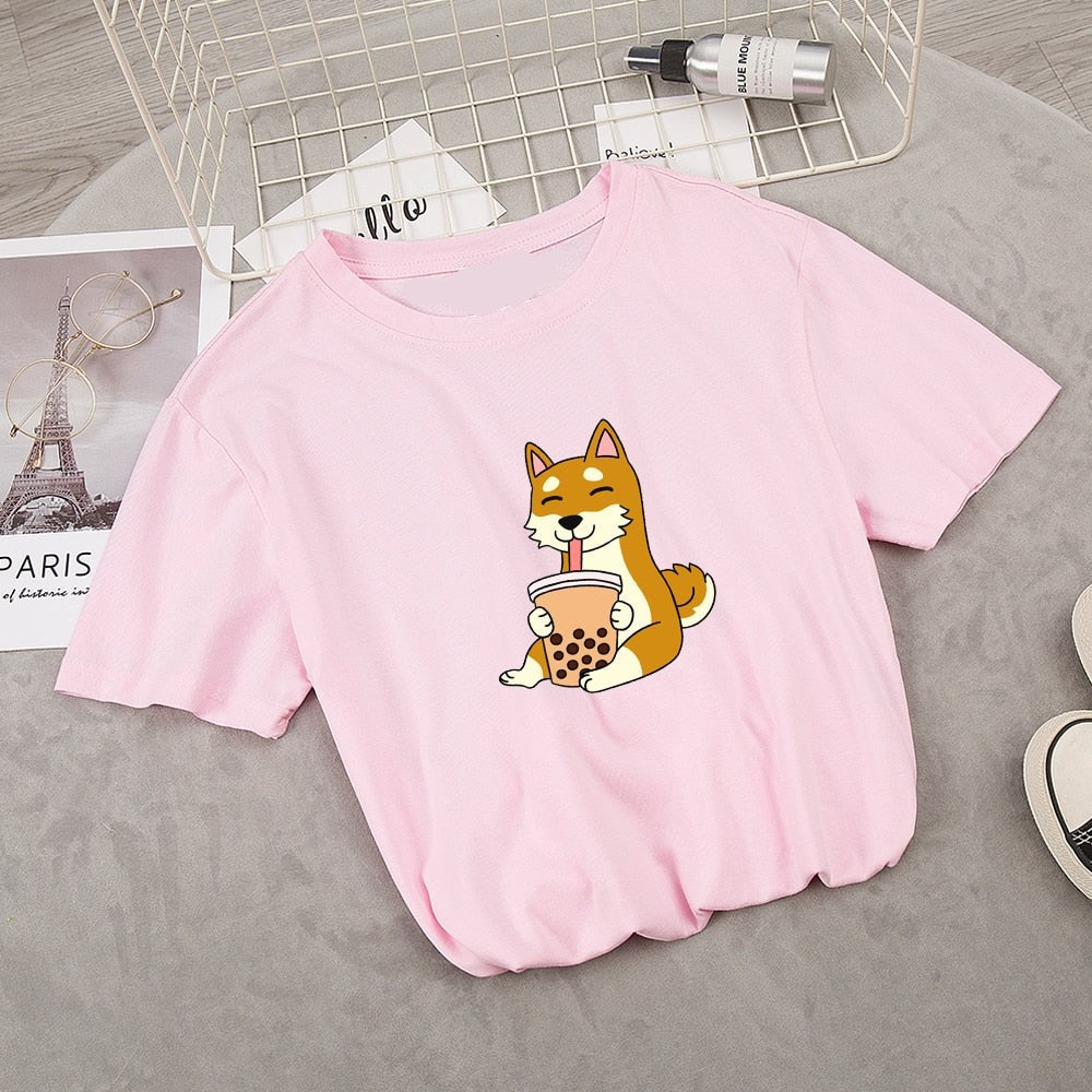 Cartoon Shiba Inu drinking Bubble Tea Women's Part Cotton Tee - Kawaiies - Adorable - Cute - Plushies - Plush - Kawaii