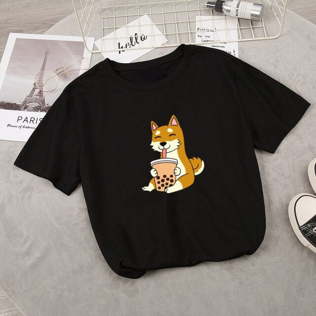 Cartoon Shiba Inu drinking Bubble Tea Women's Part Cotton Tee - Kawaiies - Adorable - Cute - Plushies - Plush - Kawaii