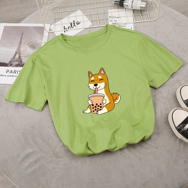 Cartoon Shiba Inu drinking Bubble Tea Women's Part Cotton Tee - Kawaiies - Adorable - Cute - Plushies - Plush - Kawaii