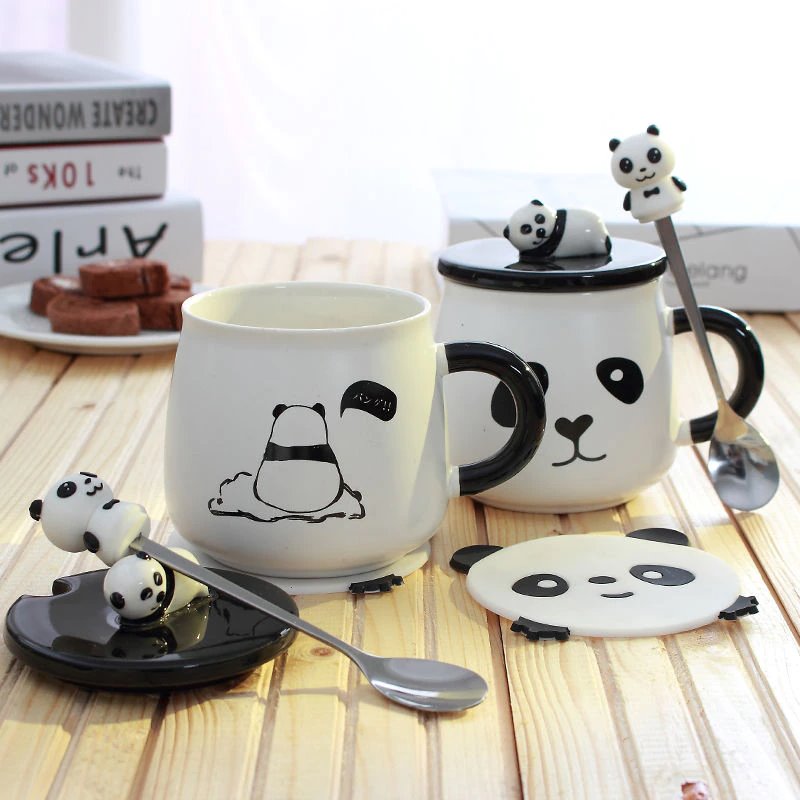 Panda Cup, Ceramic Coffee Mugs, Cute Panda Coffee Mug with Lid & Spoon