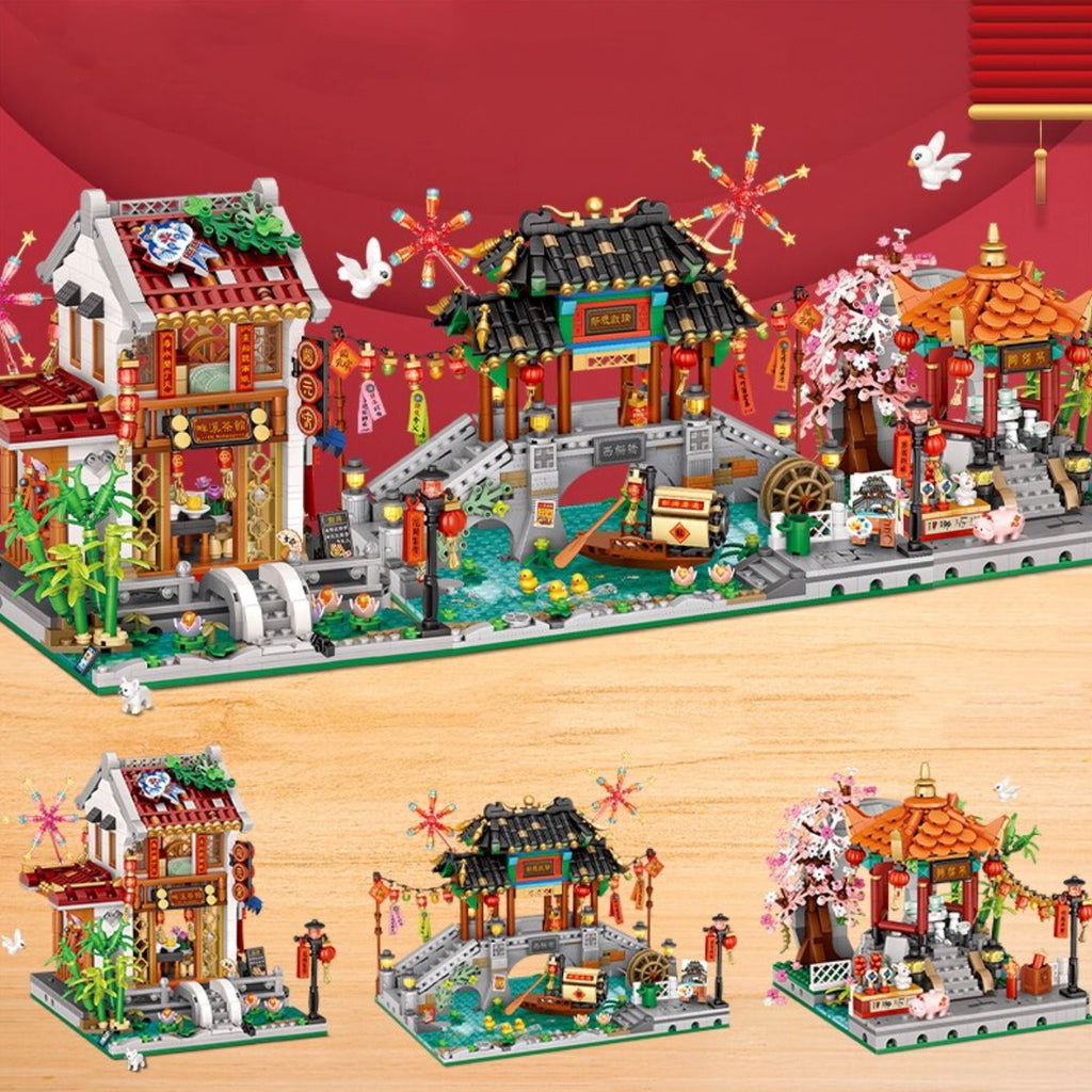 Chinese Street Lake Bridge Pavilion Teahouse Micro Building Set Collection - Kawaiies - Adorable - Cute - Plushies - Plush - Kawaii