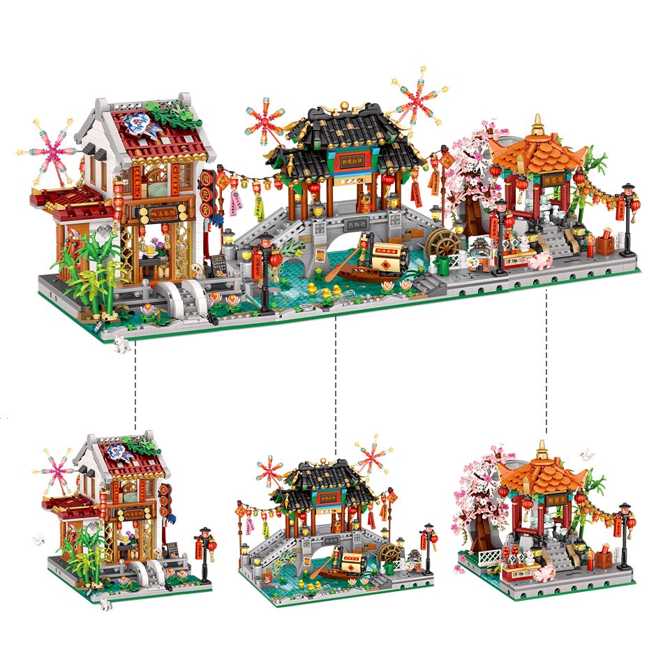 Chinese Street Lake Bridge Pavilion Teahouse Micro Building Set Collection - Kawaiies - Adorable - Cute - Plushies - Plush - Kawaii