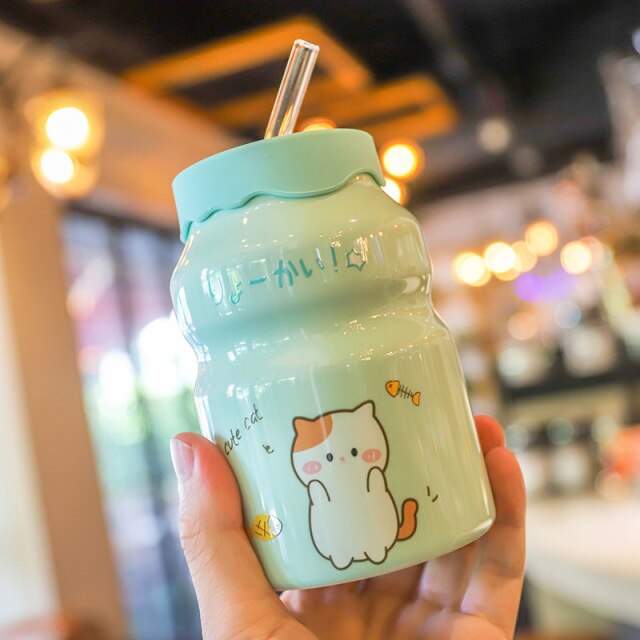 1pc 350ml Glass Straw Cup With Cartoon Characters, Cute