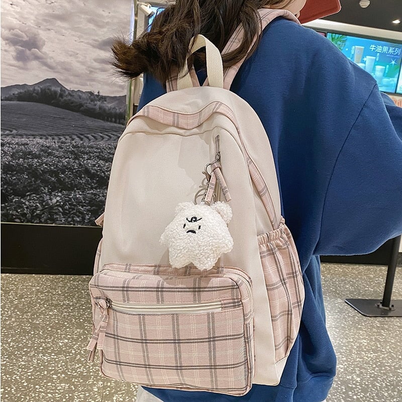 Kawaii Plaid Furry Bagpack Checkered Mini Fluffy Backpack For