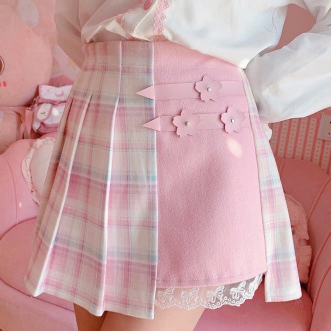 Cute Pleated Pink White Checked Women High-Waist Short Skirt with Lace & Shorts - Kawaiies - Adorable - Cute - Plushies - Plush - Kawaii