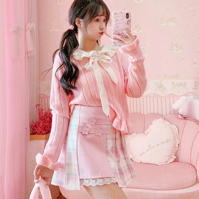 Cute Pleated Pink White Checked Women High-Waist Short Skirt with Lace –  Kawaiies