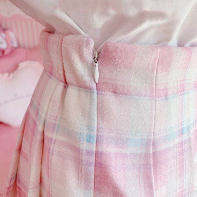 Cute Pleated Pink White Checked Women High-Waist Short Skirt with Lace & Shorts - Kawaiies - Adorable - Cute - Plushies - Plush - Kawaii