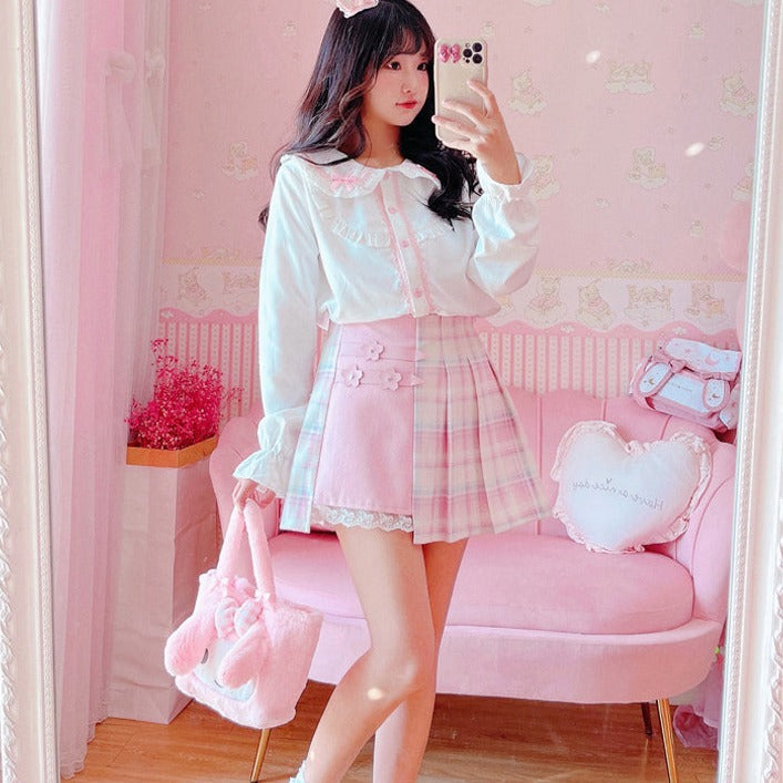 Cute Pleated Pink White Checked Women High-Waist Short Skirt with Lace & Shorts - Kawaiies - Adorable - Cute - Plushies - Plush - Kawaii