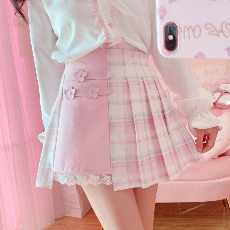 Cute Pleated Pink White Checked Women High-Waist Short Skirt with Lace & Shorts - Kawaiies - Adorable - Cute - Plushies - Plush - Kawaii