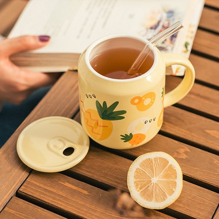 Cute Ceramic Fruity Soft Drink Can Cup Mug with Straw