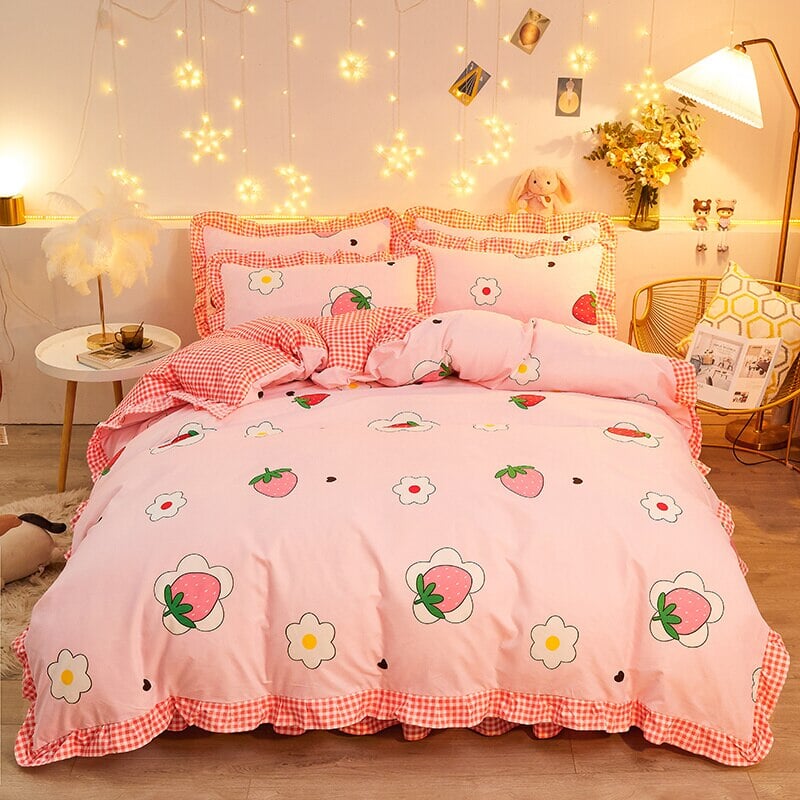 Dreaming Strawberry Kawaii Bedding Set with Bed Sheet - Kawaiies - Adorable - Cute - Plushies - Plush - Kawaii
