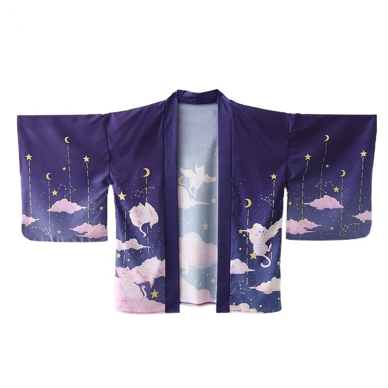 Elegant Sky Clouds Flying Cats Japanese Kimono – Kawaiies