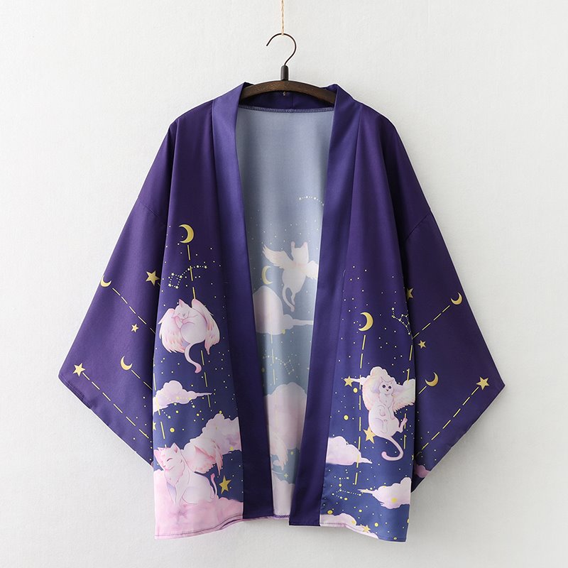 Elegant Sky Clouds Flying Cats Japanese Kimono - Kawaiies - Adorable - Cute - Plushies - Plush - Kawaii