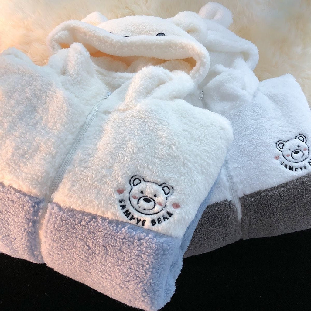 Embroidery Bear Polyester Two-Tone Wool Jacket - Kawaiies - Adorable - Cute - Plushies - Plush - Kawaii