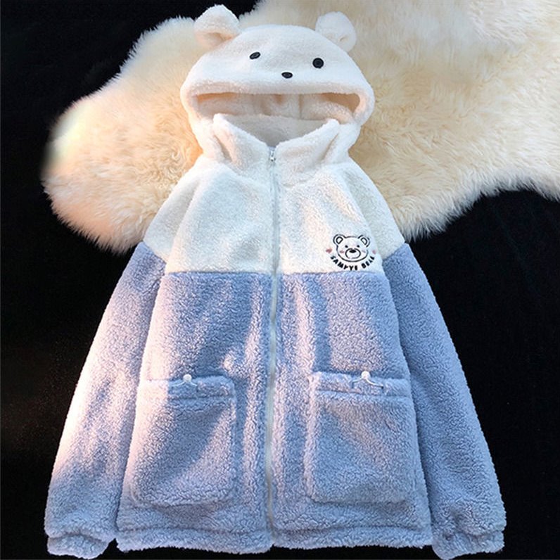 Embroidery Bear Polyester Two-Tone Wool Jacket - Kawaiies - Adorable - Cute - Plushies - Plush - Kawaii