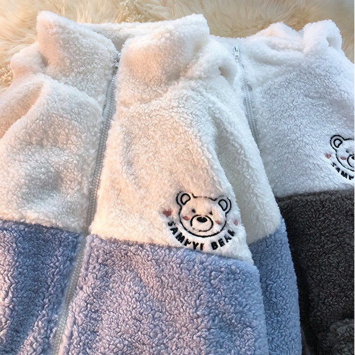 Embroidery Bear Polyester Two-Tone Wool Jacket - Kawaiies - Adorable - Cute - Plushies - Plush - Kawaii