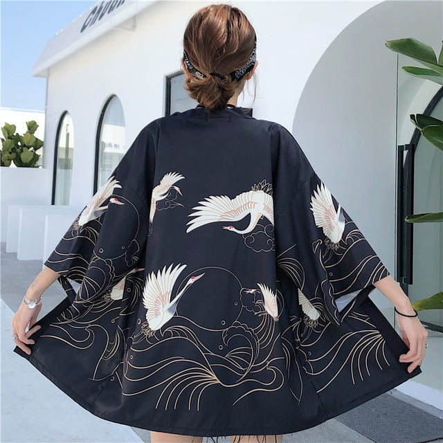 Exquisite Japanese-themed Crane Waves Women's Kimono Cardigan – Kawaiies