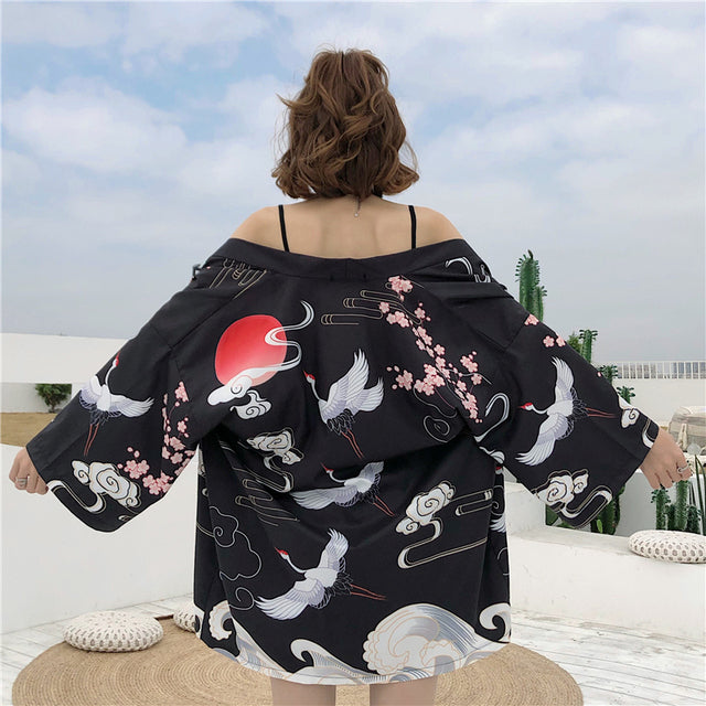 Exquisite Japanese-themed Crane Waves Women's Kimono Cardigan – Kawaiies