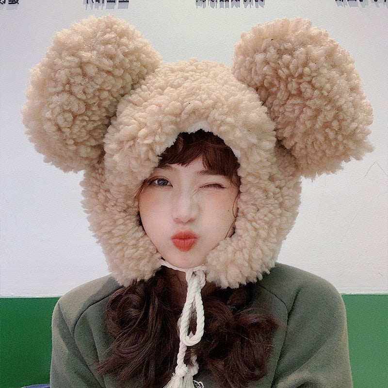 Faux Fur Large Bear Ears Tassel Beanie Hat - Kawaiies - Adorable - Cute - Plushies - Plush - Kawaii