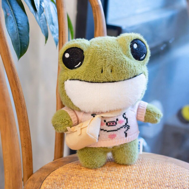 Cute Frog Plush Stuffed Animal w/ Sweater Clothes & Backpack, Soft