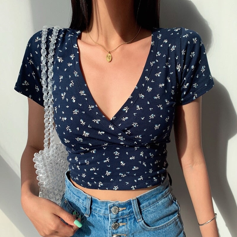 kawaiies-softtoys-plushies-kawaii-plush-Floral V-Neck Women's Cross Crop Top Tops Navy S 