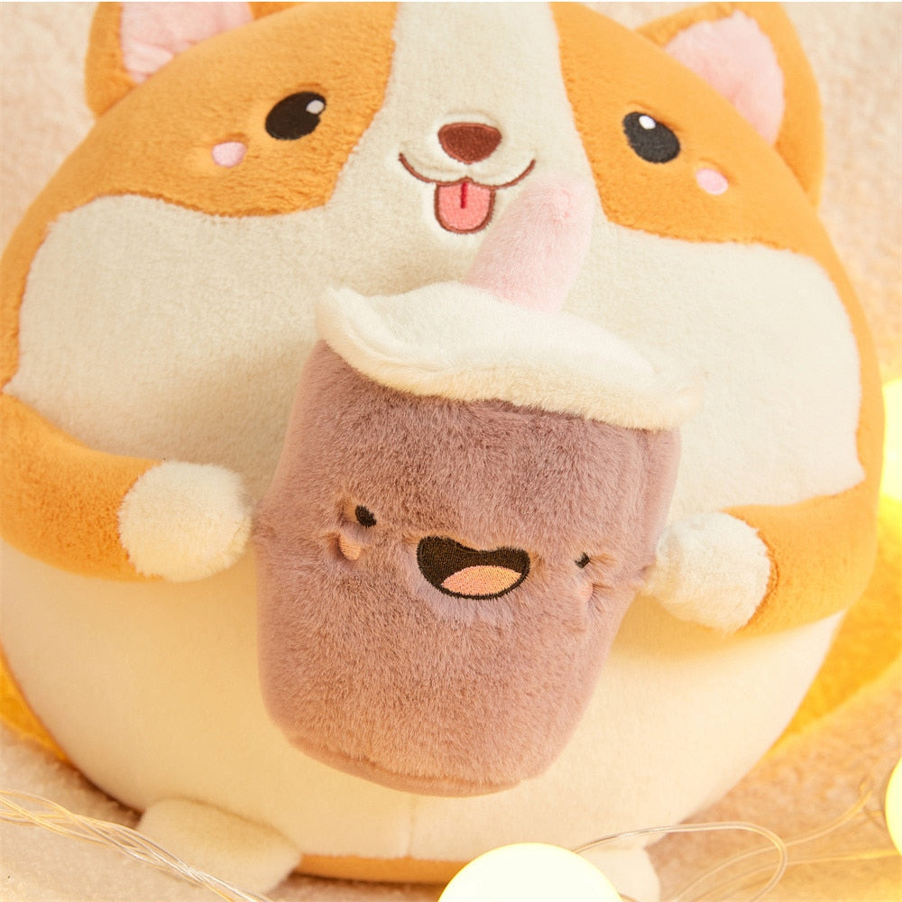 Fluffy Round Chubby Corgi Bubble Tea Plushie - Kawaiies - Adorable - Cute - Plushies - Plush - Kawaii