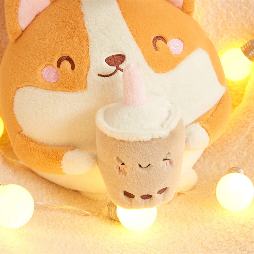 Fluffy Round Chubby Corgi Bubble Tea Plushie - Kawaiies - Adorable - Cute - Plushies - Plush - Kawaii