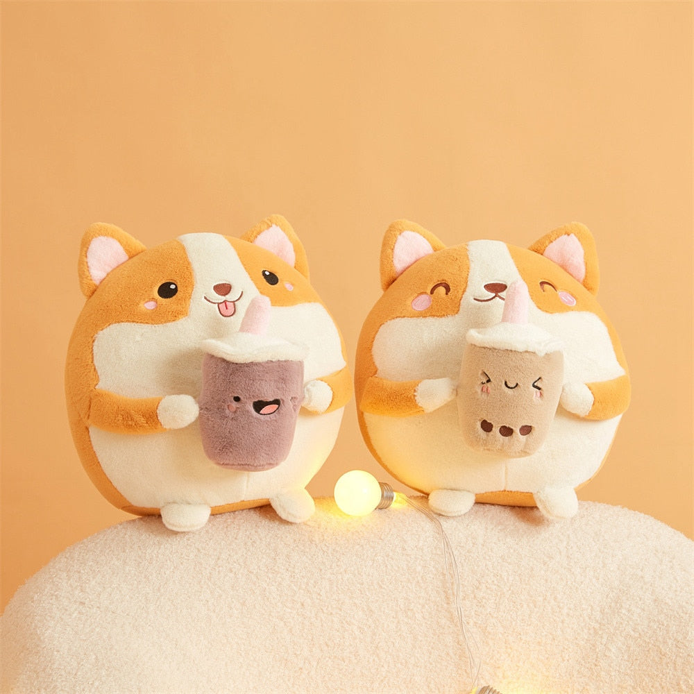 Fluffy Round Chubby Corgi Bubble Tea Plushie - Kawaiies - Adorable - Cute - Plushies - Plush - Kawaii